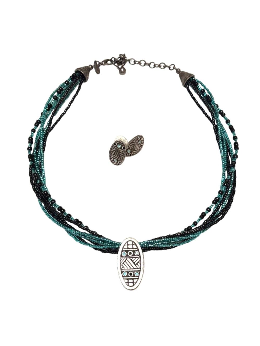 Chicos Black Teal Necklace & Earring Set Multi Strand Beaded Pendant Tribal Boho